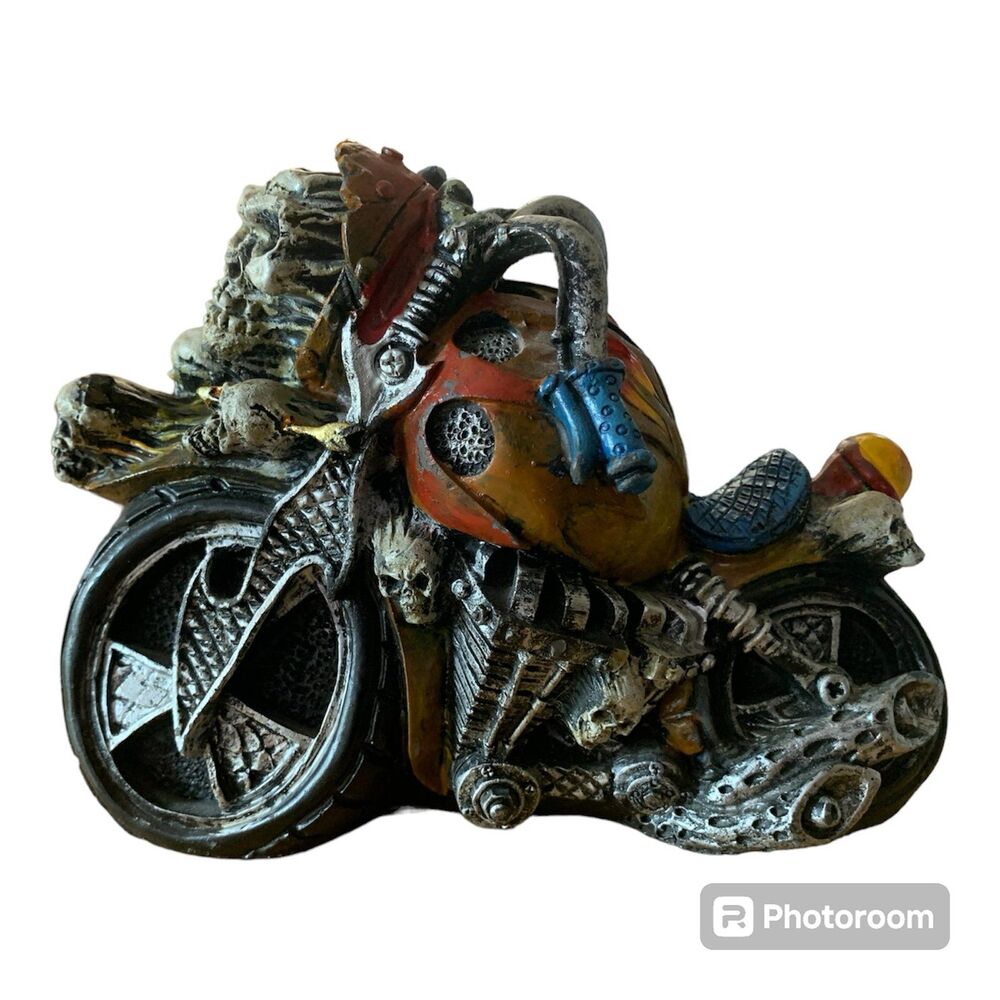 Resin Skull and flames motorcycle coin bank